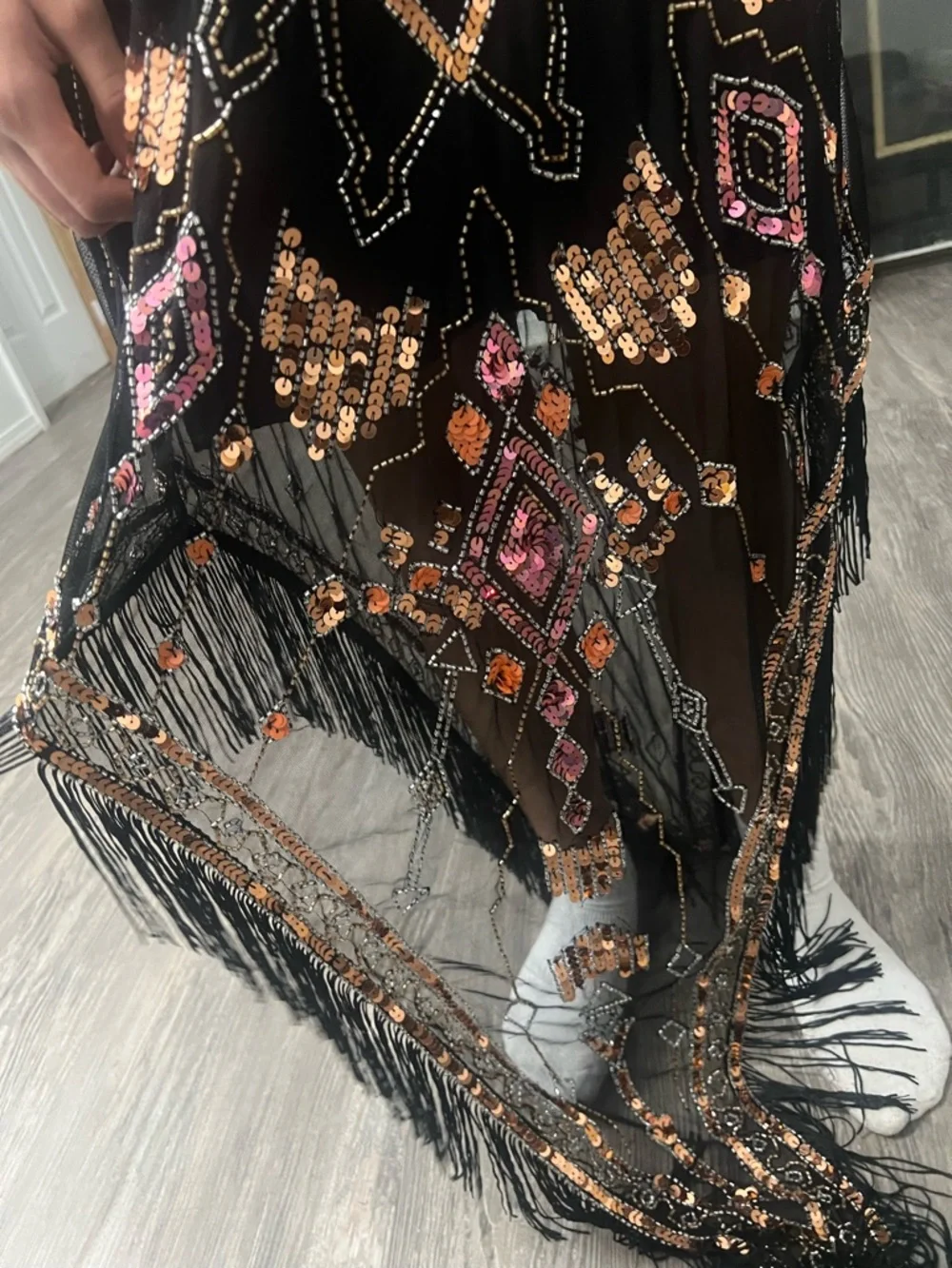 RARE Y2K ASOS design Black Sequin Fringe Maxi Dress with Pink & Rose Accents#A10 - Picture 16 of 16